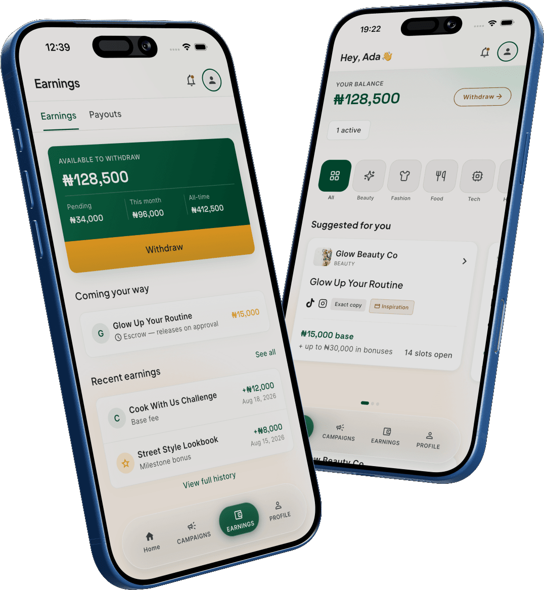 The CREATRS app: a creator's earnings screen and campaign feed